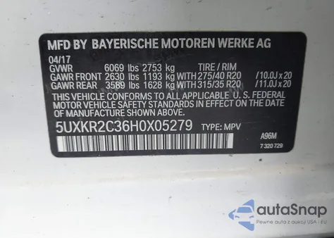 2017 BMW X5 Sdrive35I z USA, uszkodzony, nr VIN 5UXKR2C36H0X05279